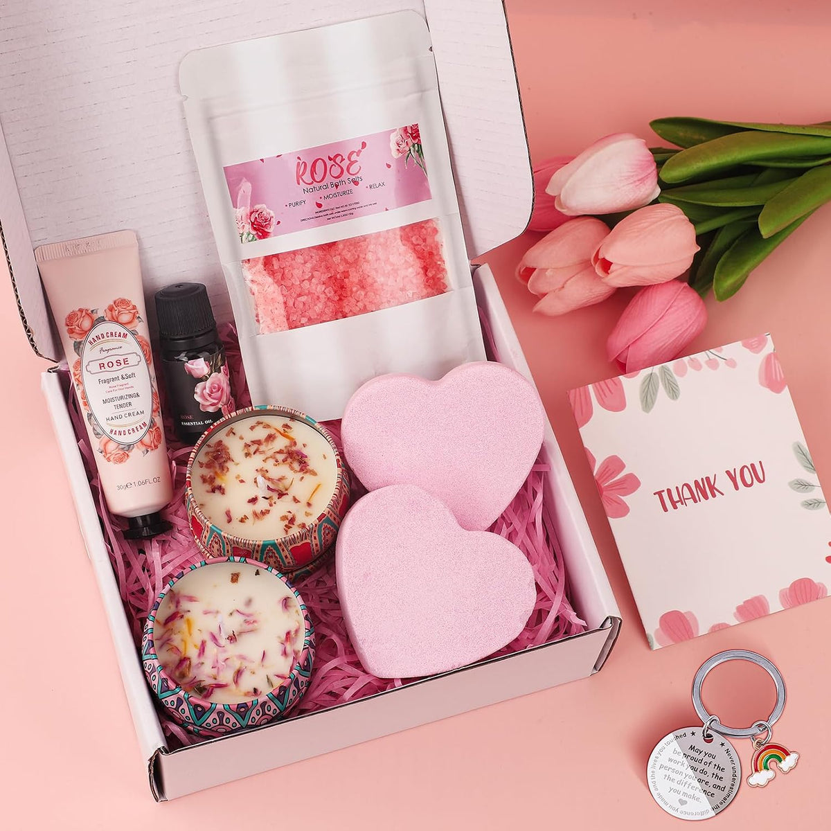 9-Piece Rose Bath & Spa Pamper Set, Relaxation Gift Box for Women, Unique Thank You, Appreciation & Birthday Gifts for Mom, Friend, Sister, Teacher(Pink-Thank You)