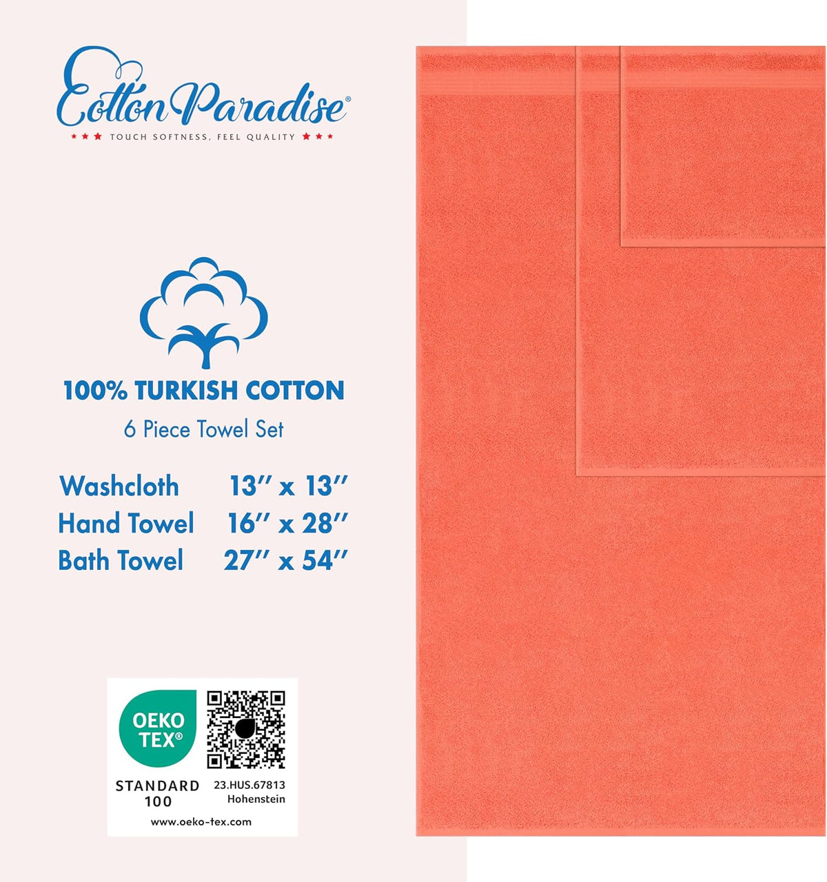 Cotton Paradise 6 Piece Towel Set, 100% Cotton Soft Absorbent Turkish Towels for Bathroom, 2 Bath Towels 2 Hand Towels 2 Washcloths, Coral Towel Set