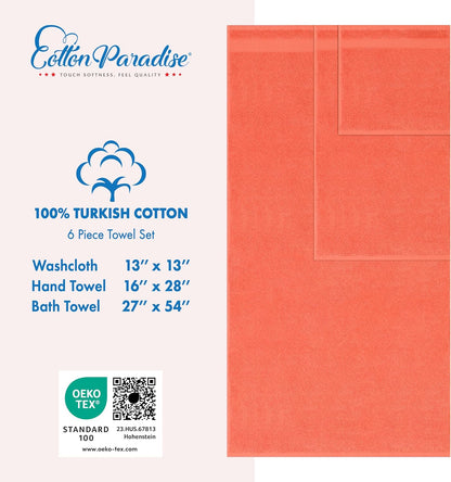 Cotton Paradise 6 Piece Towel Set, 100% Cotton Soft Absorbent Turkish Towels for Bathroom, 2 Bath Towels 2 Hand Towels 2 Washcloths, Coral Towel Set