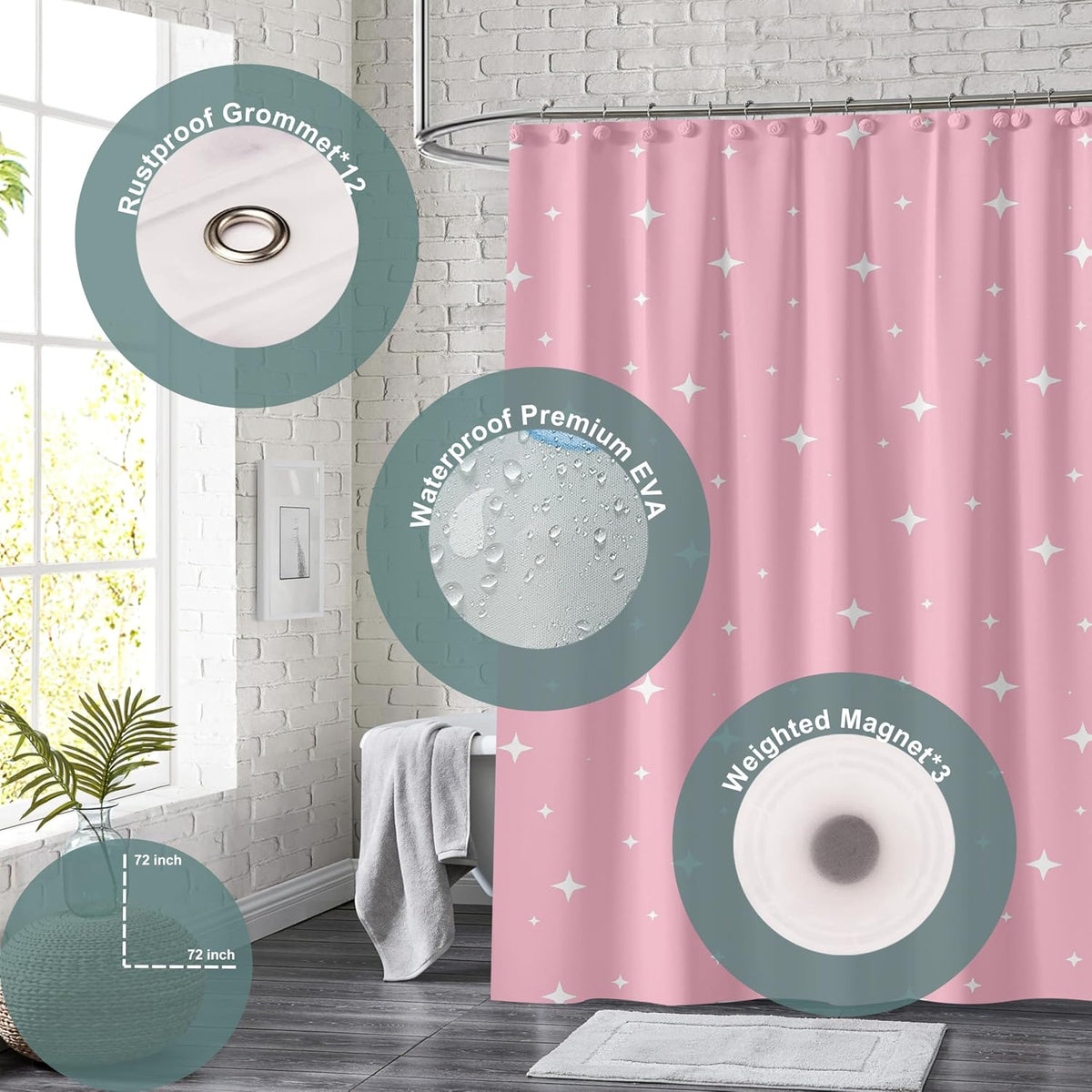 Plastic Shower Curtain Liner, Premium EVA 5G Pink Star Shower Curtain, Shower Curtains for Bathroom with 3 Magnetic Weights and Rustproof Grommets (Pink Star, 72x72 in)