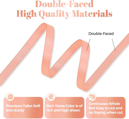 Peach Satin Ribbon, Double Faced 1/4 Inch X 50 Yards Peach Ribbon, Premium Satin Ribbon for Gift Wrapping, Crafts, Hair Bow Making, Sewing, Flower Bouquet, Wedding Party Decor