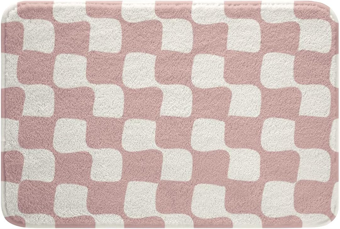 Checkered Grid Bathroom Rugs Microfiber 16"x24" Buffalo Plaid Bath Mats Non-Slip Pink White Bathroom Accessories Geometric Floor Doormats Soft Door Mat