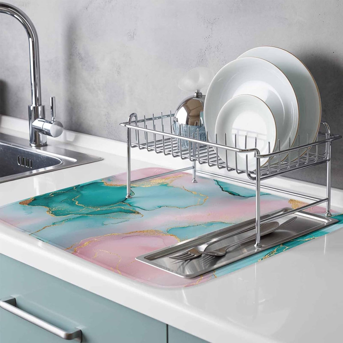 Dish Drying Mat Water Pink Marble Kitchen Counter Drying Pad for Dishes Glasses Cups and Cookware Abstract Style Absorbent Dish Drying Mat Machine Washable Kitchen Accessories 2 Pack 18" x 24"