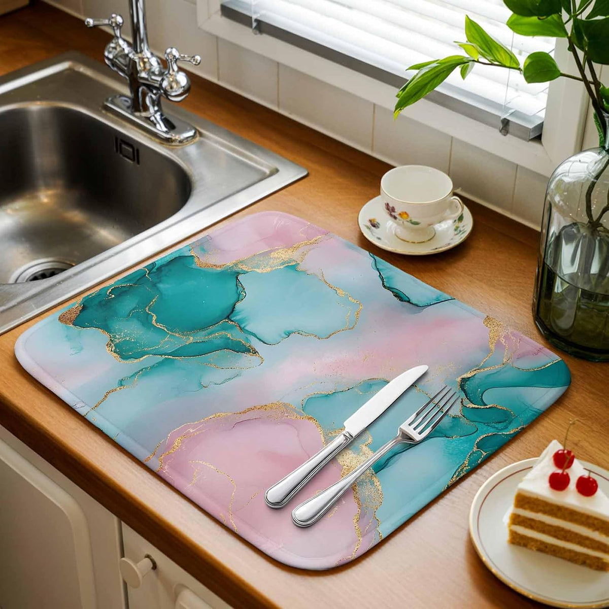 Dish Drying Mat Water Pink Marble Kitchen Counter Drying Pad for Dishes Glasses Cups and Cookware Abstract Style Absorbent Dish Drying Mat Machine Washable Kitchen Accessories 2 Pack 18" x 24"