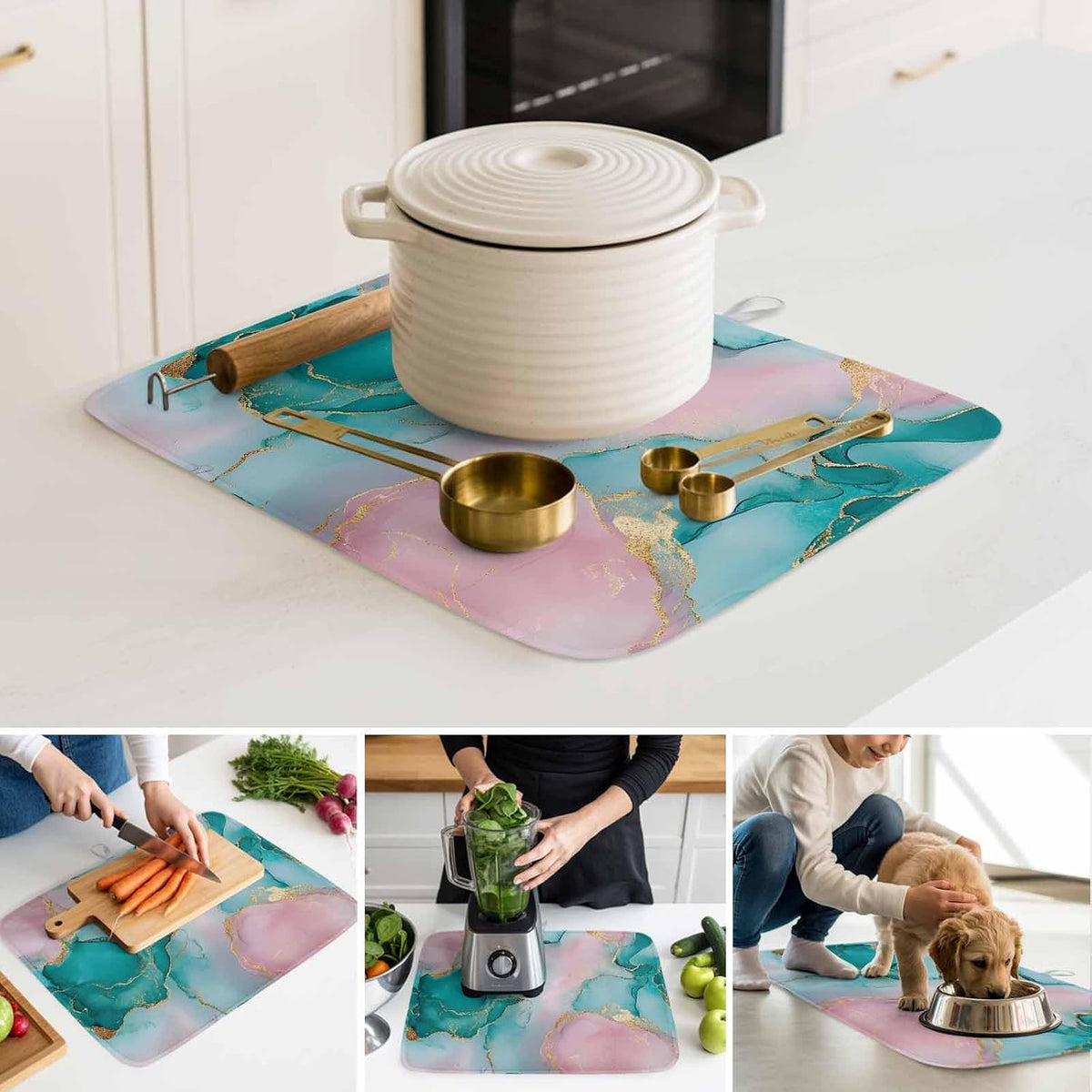 Dish Drying Mat Water Pink Marble Kitchen Counter Drying Pad for Dishes Glasses Cups and Cookware Abstract Style Absorbent Dish Drying Mat Machine Washable Kitchen Accessories 2 Pack 18" x 24"