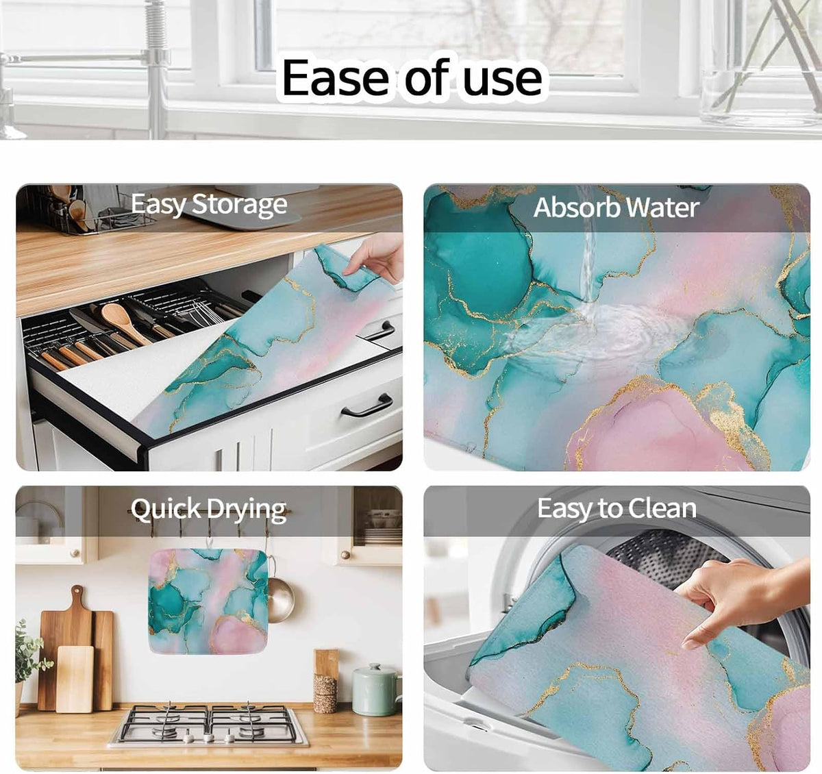 Dish Drying Mat Water Pink Marble Kitchen Counter Drying Pad for Dishes Glasses Cups and Cookware Abstract Style Absorbent Dish Drying Mat Machine Washable Kitchen Accessories 2 Pack 18" x 24"