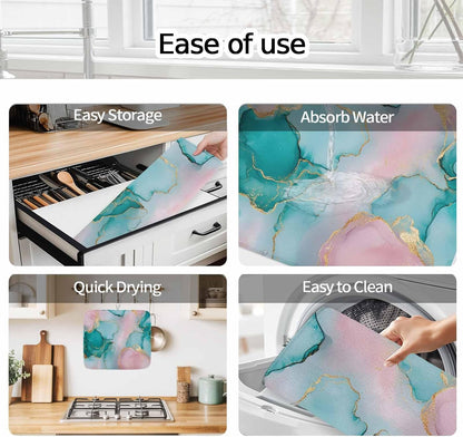 Dish Drying Mat Water Pink Marble Kitchen Counter Drying Pad for Dishes Glasses Cups and Cookware Abstract Style Absorbent Dish Drying Mat Machine Washable Kitchen Accessories 2 Pack 18" x 24"