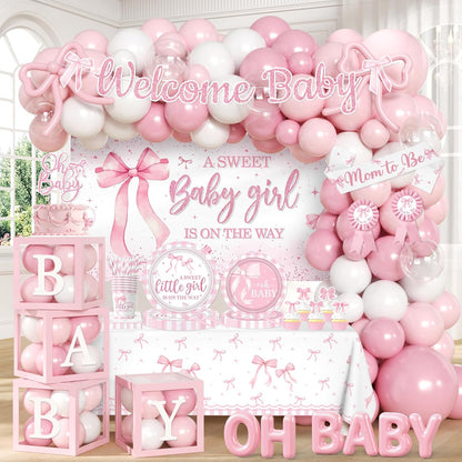 264Pcs Pink Bow Baby Shower Decorations - Pink Bow Birthday Party Supplies Include Plates Napkins Tablecloth Banner Balloons Cake Topper Coquette Baby Shower Decorations for Girls Serves 20