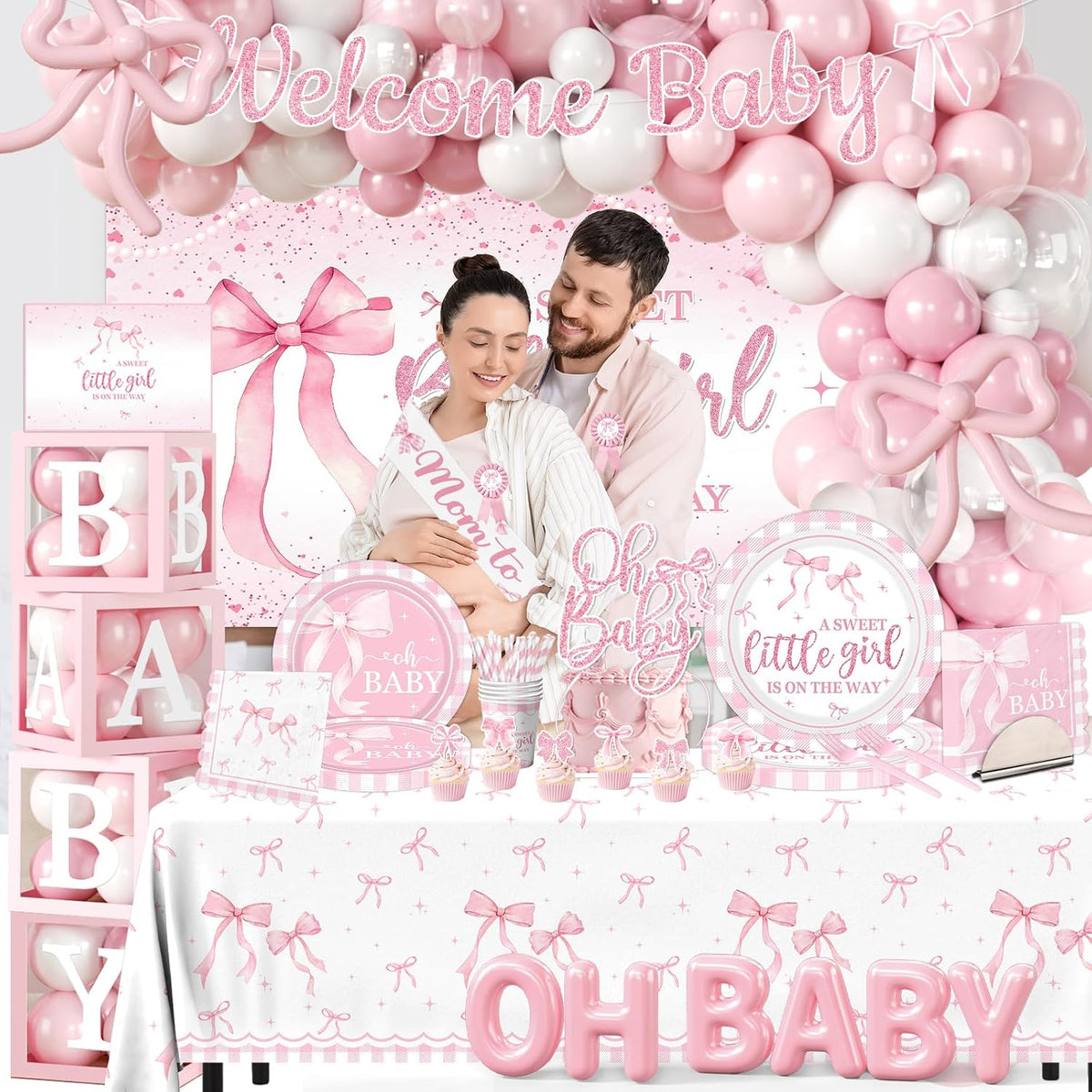 264Pcs Pink Bow Baby Shower Decorations - Pink Bow Birthday Party Supplies Include Plates Napkins Tablecloth Banner Balloons Cake Topper Coquette Baby Shower Decorations for Girls Serves 20