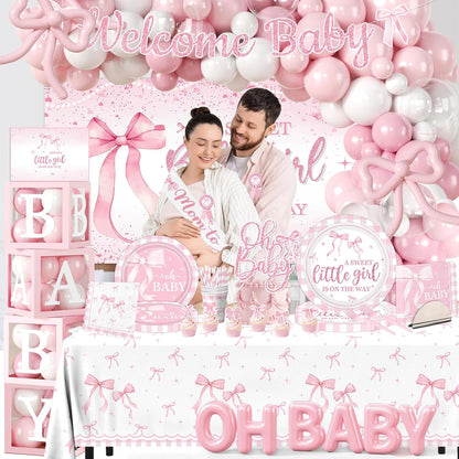264Pcs Pink Bow Baby Shower Decorations - Pink Bow Birthday Party Supplies Include Plates Napkins Tablecloth Banner Balloons Cake Topper Coquette Baby Shower Decorations for Girls Serves 20