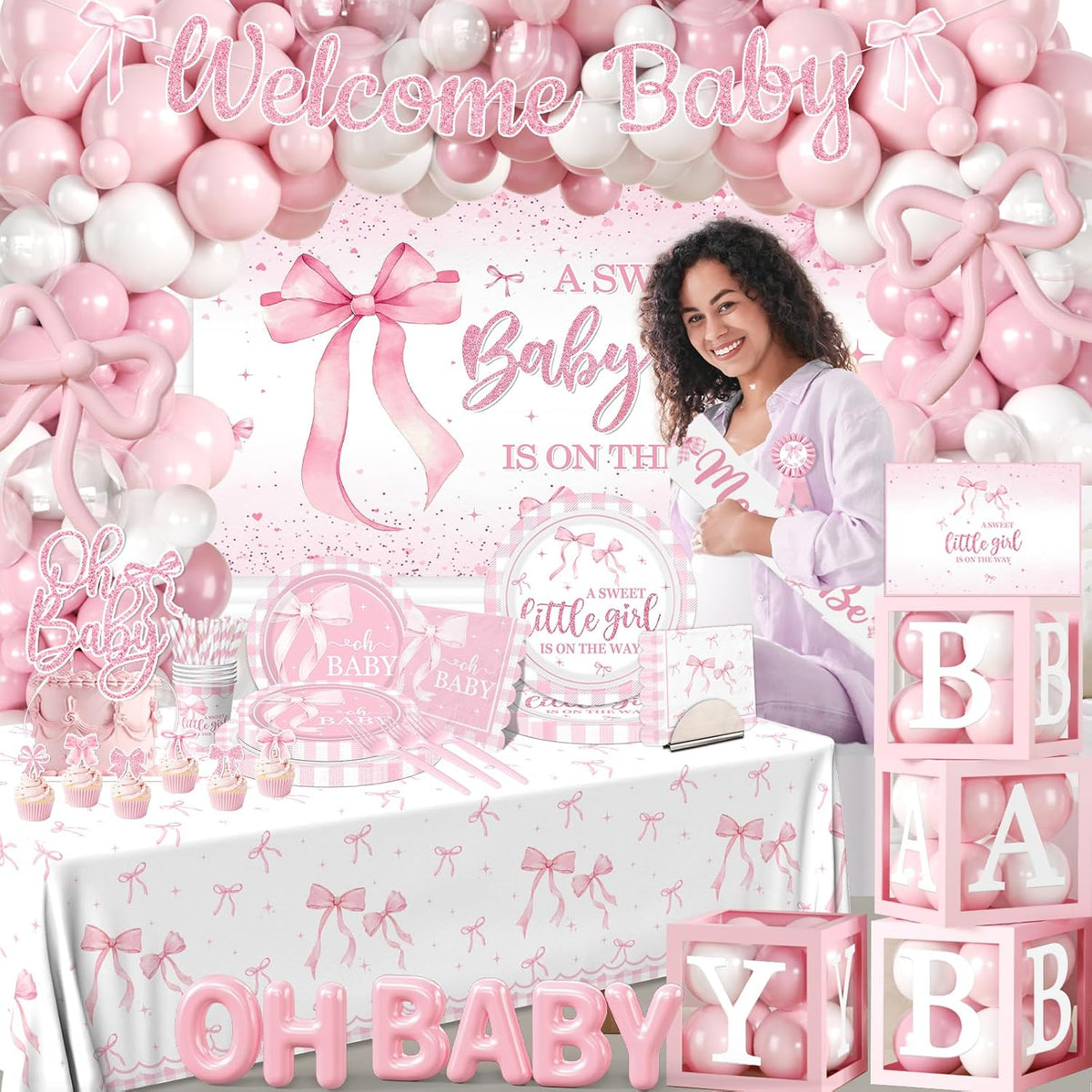 264Pcs Pink Bow Baby Shower Decorations - Pink Bow Birthday Party Supplies Include Plates Napkins Tablecloth Banner Balloons Cake Topper Coquette Baby Shower Decorations for Girls Serves 20