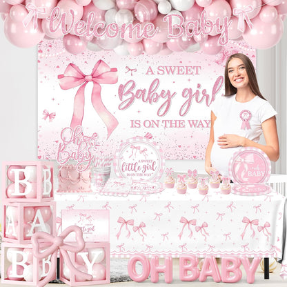 264Pcs Pink Bow Baby Shower Decorations - Pink Bow Birthday Party Supplies Include Plates Napkins Tablecloth Banner Balloons Cake Topper Coquette Baby Shower Decorations for Girls Serves 20