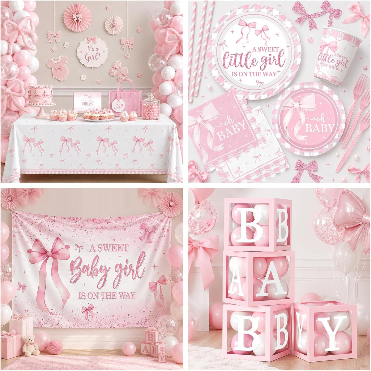264Pcs Pink Bow Baby Shower Decorations - Pink Bow Birthday Party Supplies Include Plates Napkins Tablecloth Banner Balloons Cake Topper Coquette Baby Shower Decorations for Girls Serves 20