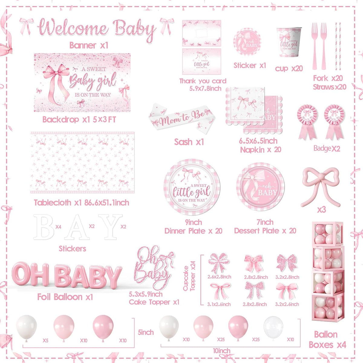 264Pcs Pink Bow Baby Shower Decorations - Pink Bow Birthday Party Supplies Include Plates Napkins Tablecloth Banner Balloons Cake Topper Coquette Baby Shower Decorations for Girls Serves 20