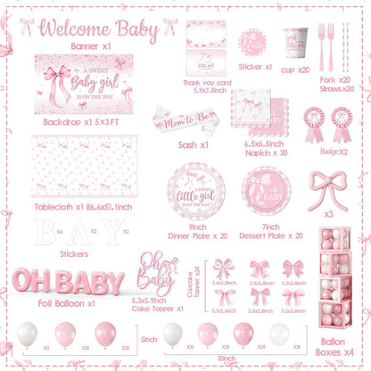 264Pcs Pink Bow Baby Shower Decorations - Pink Bow Birthday Party Supplies Include Plates Napkins Tablecloth Banner Balloons Cake Topper Coquette Baby Shower Decorations for Girls Serves 20