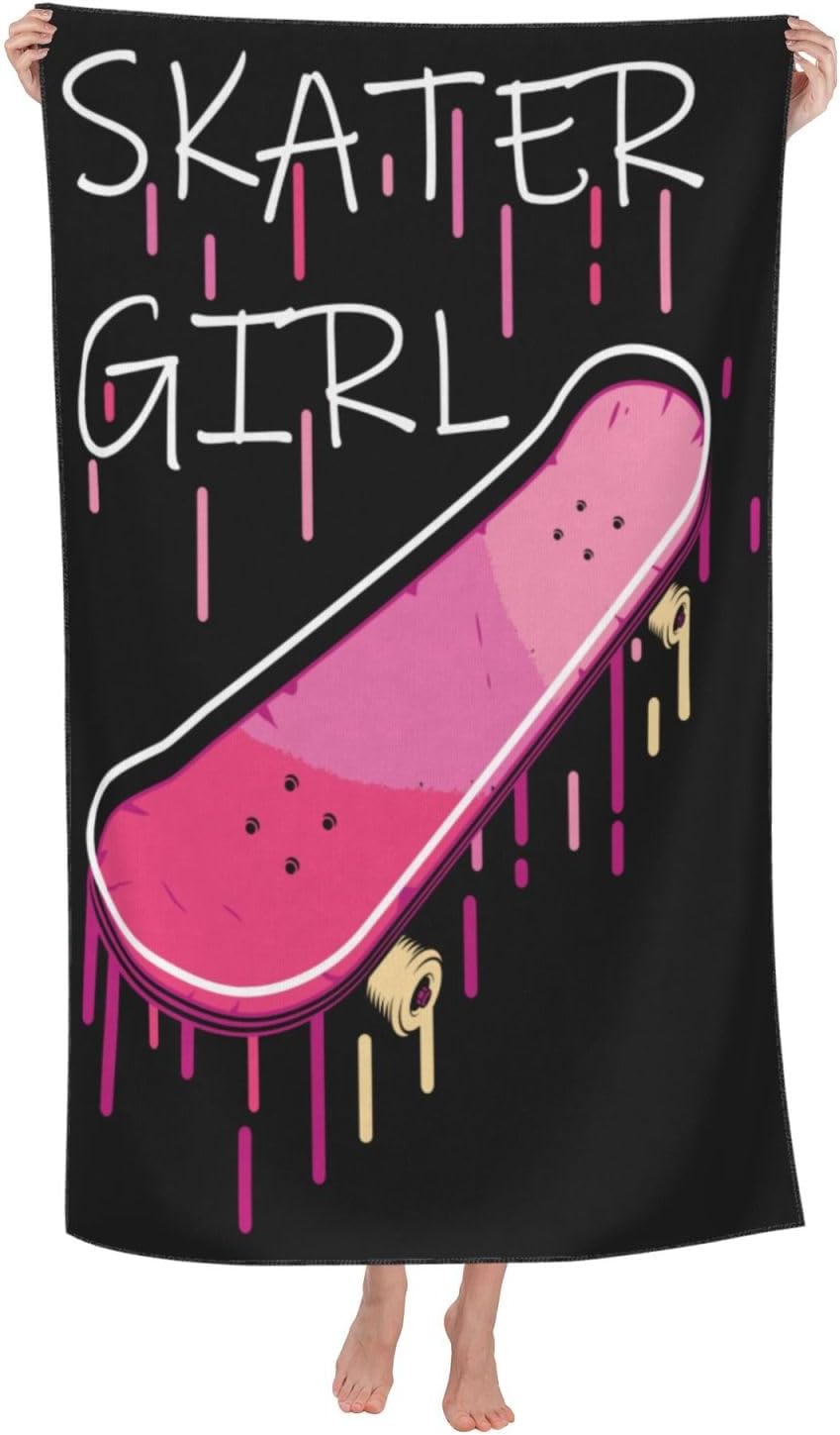 Pink Skateboard Skater Girl Bath Towels Absorbent Microfiber Quick Dry Large Bathroom Towel Soft Lightweight 52x32 in for Home Gym Beach Travel