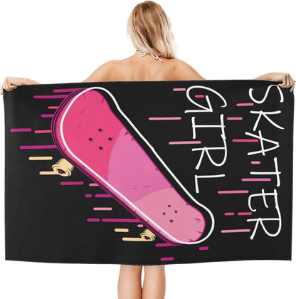 Pink Skateboard Skater Girl Bath Towels Absorbent Microfiber Quick Dry Large Bathroom Towel Soft Lightweight 52x32 in for Home Gym Beach Travel