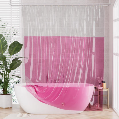 100% EVA Shower Curtain Liner, 72 x 72 Inches Heavy Duty Shower Curtain and Liner 2-in-1 with 3 Clear Stones and 12 Brass Grommets, Color Block Soft Shower Liner - Clear & Bright Pink