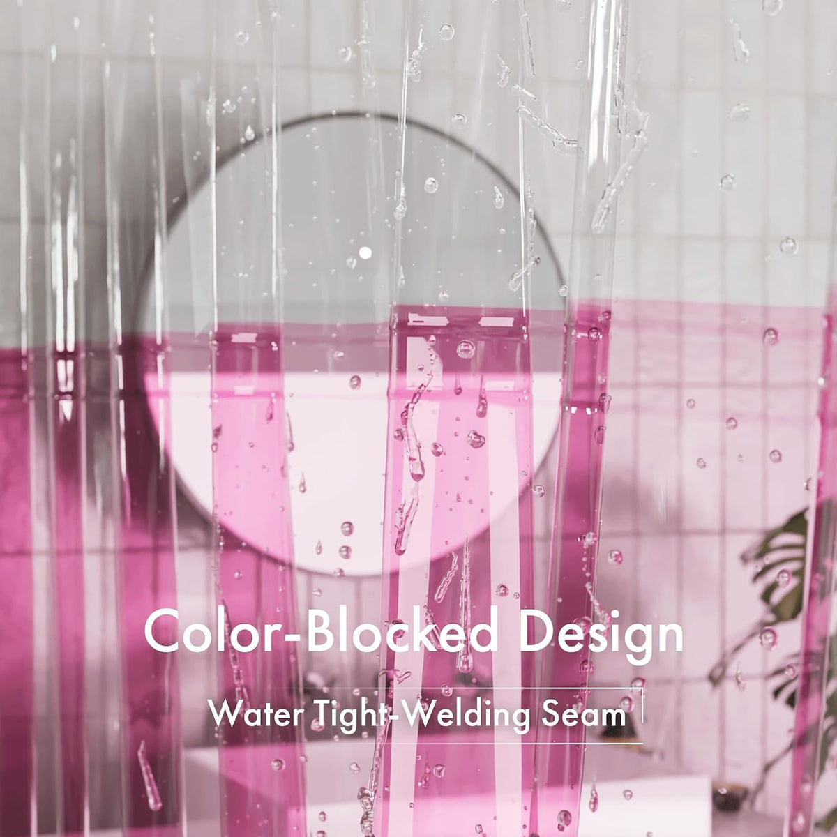 100% EVA Shower Curtain Liner, 72 x 72 Inches Heavy Duty Shower Curtain and Liner 2-in-1 with 3 Clear Stones and 12 Brass Grommets, Color Block Soft Shower Liner - Clear & Bright Pink