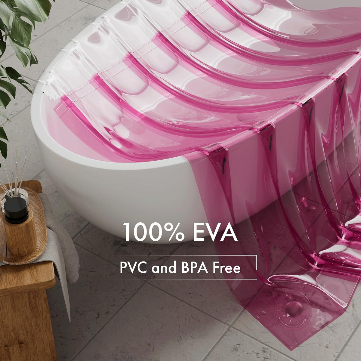 100% EVA Shower Curtain Liner, 72 x 72 Inches Heavy Duty Shower Curtain and Liner 2-in-1 with 3 Clear Stones and 12 Brass Grommets, Color Block Soft Shower Liner - Clear & Bright Pink