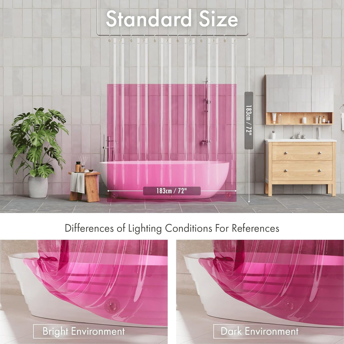 100% EVA Shower Curtain Liner, 72 x 72 Inches Heavy Duty Shower Curtain and Liner 2-in-1 with 3 Clear Stones and 12 Brass Grommets, Color Block Soft Shower Liner - Clear & Bright Pink