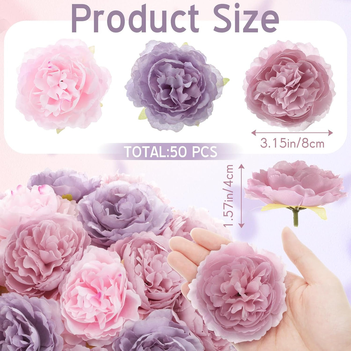 Thiccywoov 50 Pcs Silk Rose Heads Artificial Fake Flowers, Pink Purple