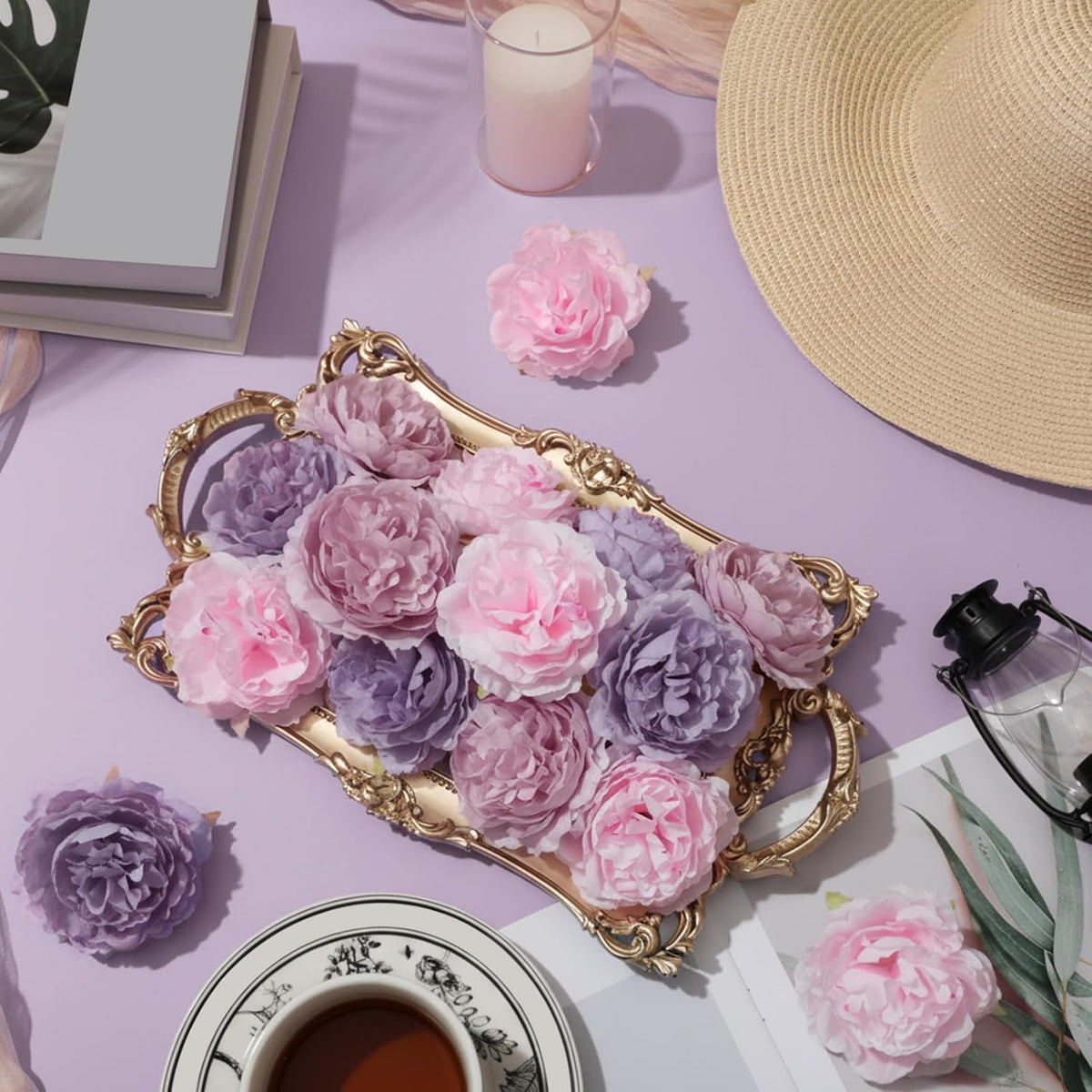 Thiccywoov 50 Pcs Silk Rose Heads Artificial Fake Flowers, Pink Purple