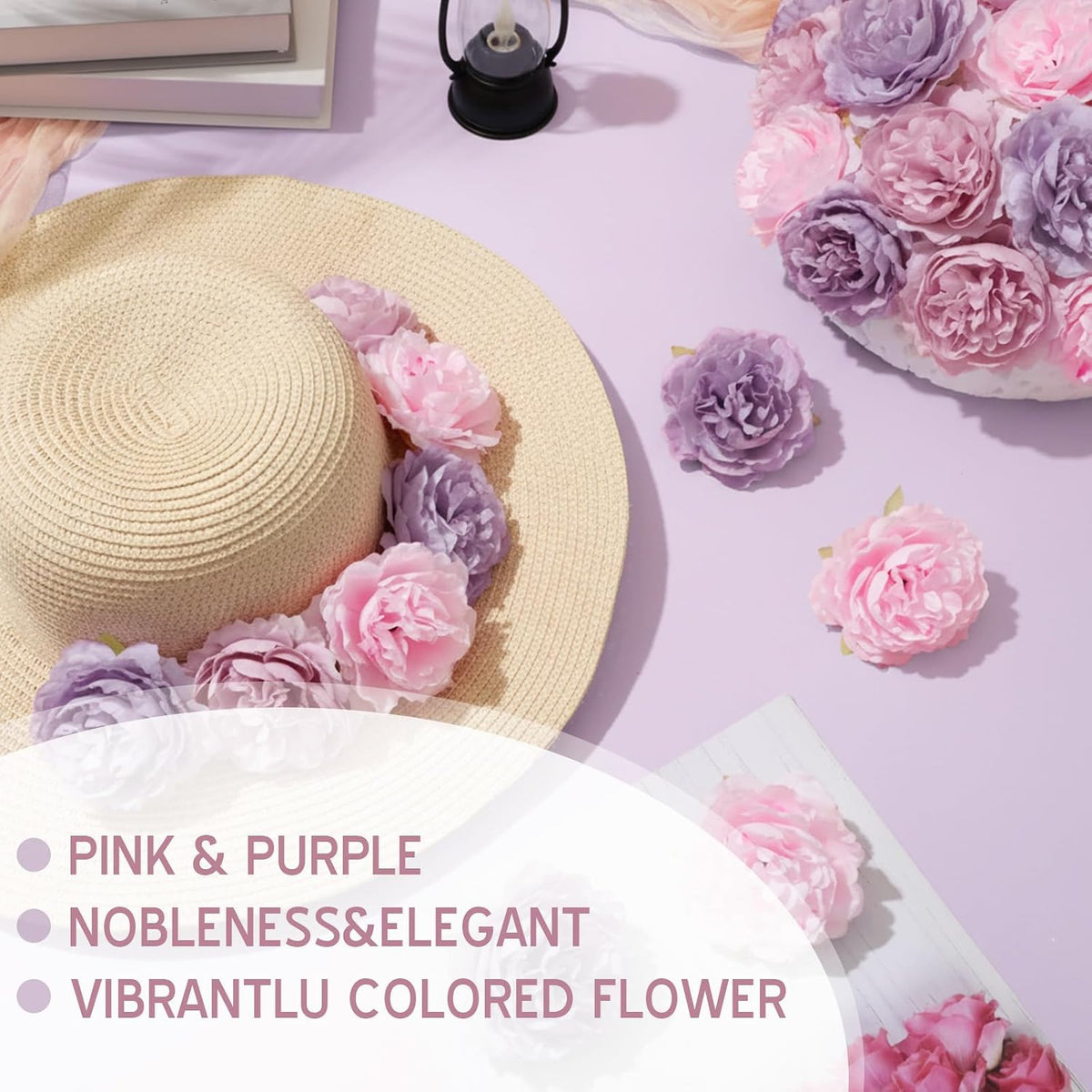 Thiccywoov 50 Pcs Silk Rose Heads Artificial Fake Flowers, Pink Purple