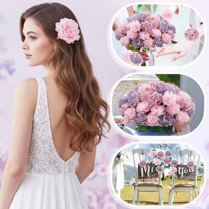 Thiccywoov 50 Pcs Silk Rose Heads Artificial Fake Flowers, Pink Purple