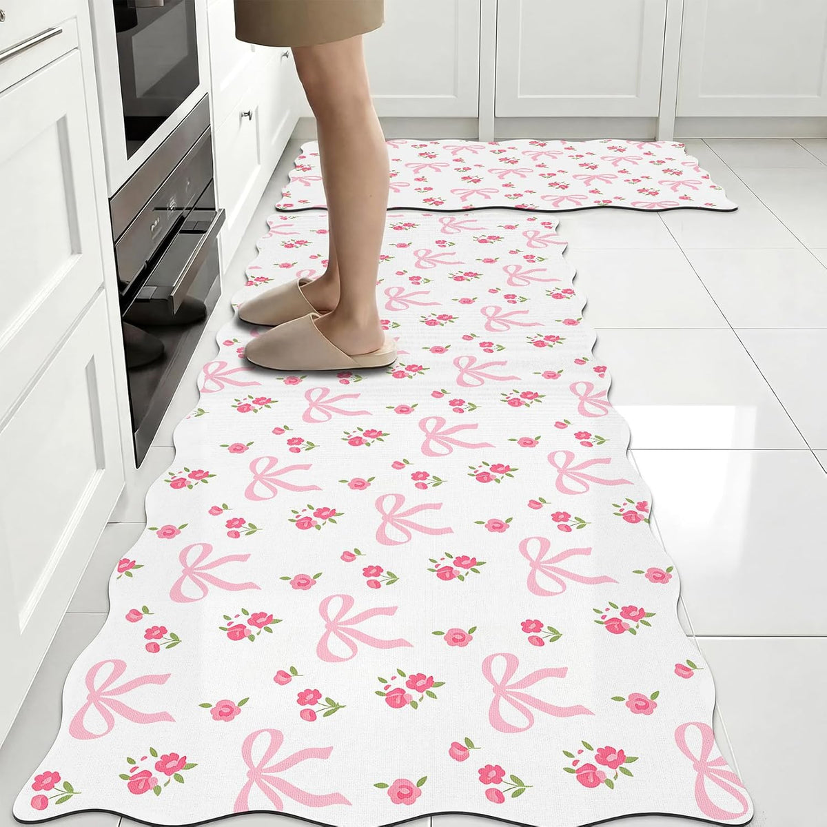 2 Pcs Pink Kitchen Rugs and Mats Set Coquette Bow Floral Non-Slip Waterproof Floor Mats, 47"x16.5" & 30"x16.5" Pink Decor Rugs for Kitchen Sink, Laundry Room Standing, Machine Washable