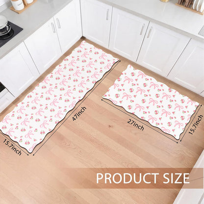 2 Pcs Pink Kitchen Rugs and Mats Set Coquette Bow Floral Non-Slip Waterproof Floor Mats, 47"x16.5" & 30"x16.5" Pink Decor Rugs for Kitchen Sink, Laundry Room Standing, Machine Washable