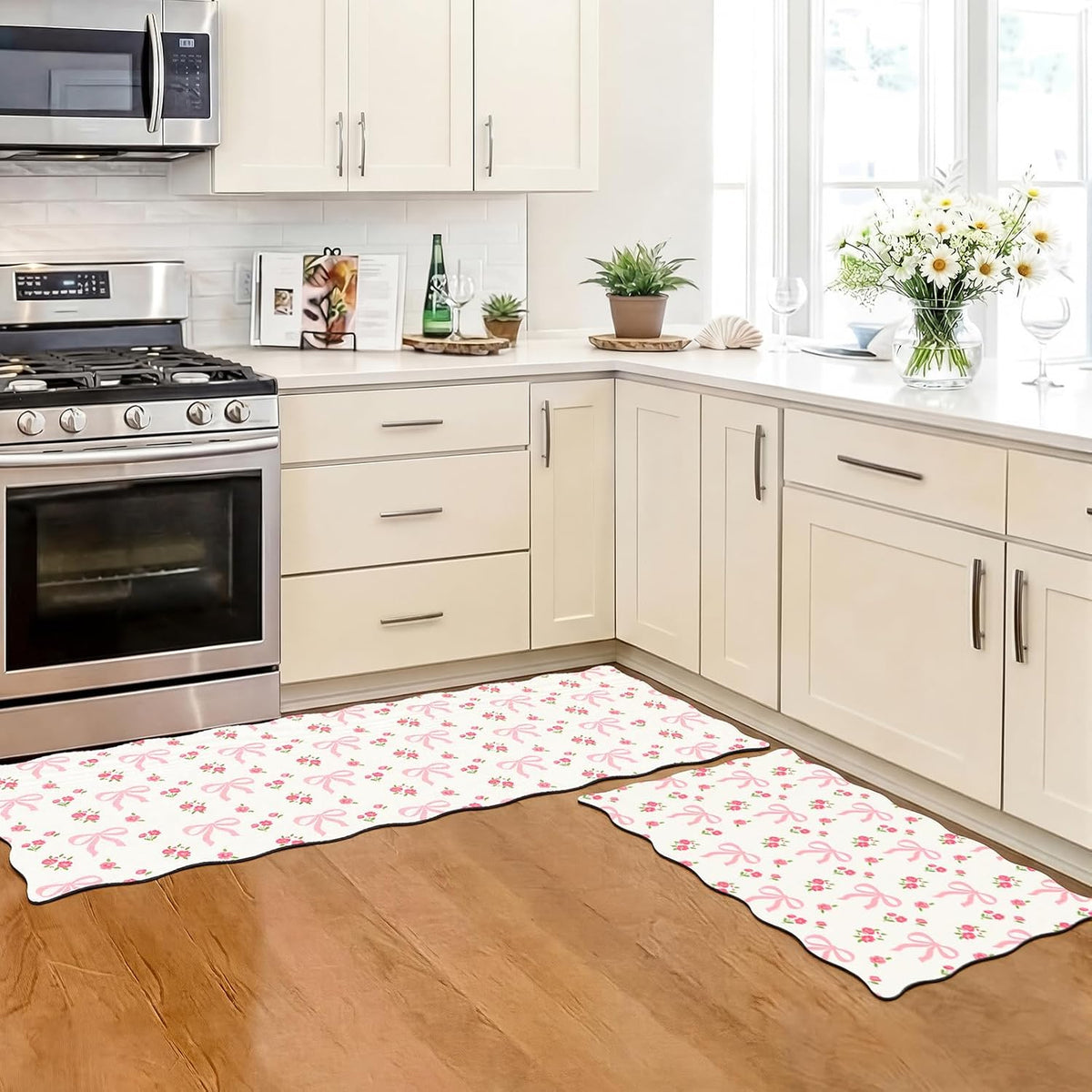 2 Pcs Pink Kitchen Rugs and Mats Set Coquette Bow Floral Non-Slip Waterproof Floor Mats, 47"x16.5" & 30"x16.5" Pink Decor Rugs for Kitchen Sink, Laundry Room Standing, Machine Washable
