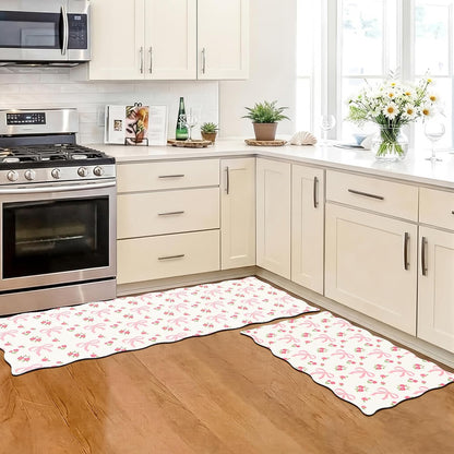 2 Pcs Pink Kitchen Rugs and Mats Set Coquette Bow Floral Non-Slip Waterproof Floor Mats, 47"x16.5" & 30"x16.5" Pink Decor Rugs for Kitchen Sink, Laundry Room Standing, Machine Washable