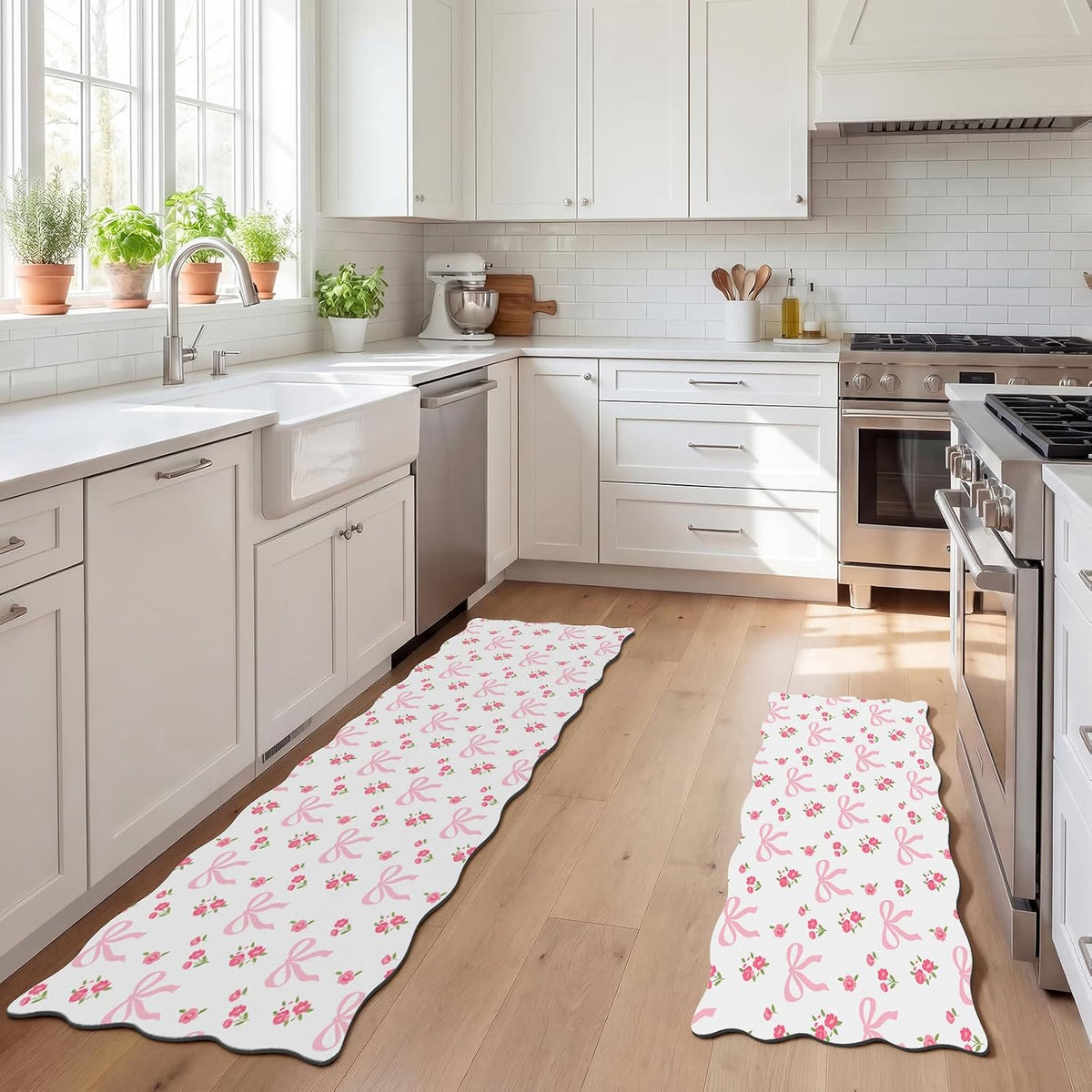 2 Pcs Pink Kitchen Rugs and Mats Set Coquette Bow Floral Non-Slip Waterproof Floor Mats, 47"x16.5" & 30"x16.5" Pink Decor Rugs for Kitchen Sink, Laundry Room Standing, Machine Washable