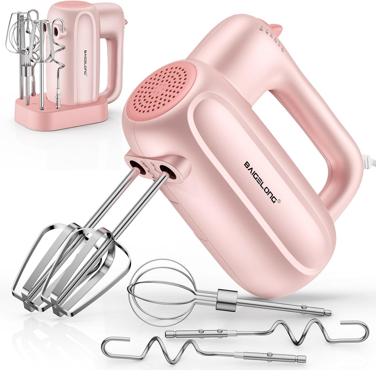 Hand Electric Mixer, 5-Speed KitchenMixer with 5 * 304 Stainless Steel Attachments + Storage Base, Food Handheld Mixer for Baking, Whipping Cream, Cake Mixing, Pink