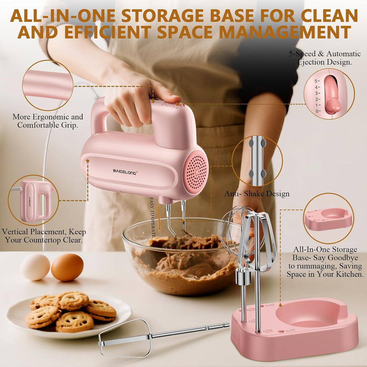 Hand Electric Mixer, 5-Speed KitchenMixer with 5 * 304 Stainless Steel Attachments + Storage Base, Food Handheld Mixer for Baking, Whipping Cream, Cake Mixing, Pink