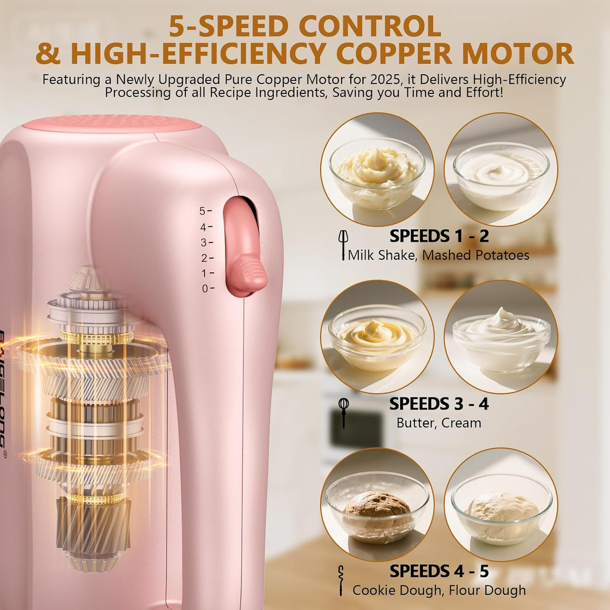 Hand Electric Mixer, 5-Speed KitchenMixer with 5 * 304 Stainless Steel Attachments + Storage Base, Food Handheld Mixer for Baking, Whipping Cream, Cake Mixing, Pink