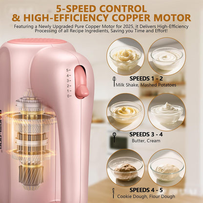 Hand Electric Mixer, 5-Speed KitchenMixer with 5 * 304 Stainless Steel Attachments + Storage Base, Food Handheld Mixer for Baking, Whipping Cream, Cake Mixing, Pink