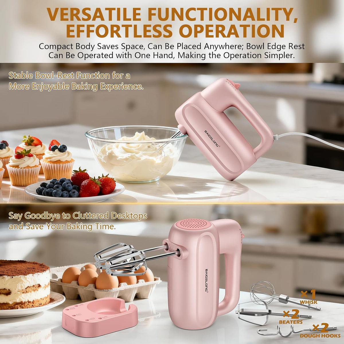 Hand Electric Mixer, 5-Speed KitchenMixer with 5 * 304 Stainless Steel Attachments + Storage Base, Food Handheld Mixer for Baking, Whipping Cream, Cake Mixing, Pink