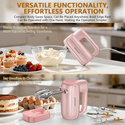 Hand Electric Mixer, 5-Speed KitchenMixer with 5 * 304 Stainless Steel Attachments + Storage Base, Food Handheld Mixer for Baking, Whipping Cream, Cake Mixing, Pink