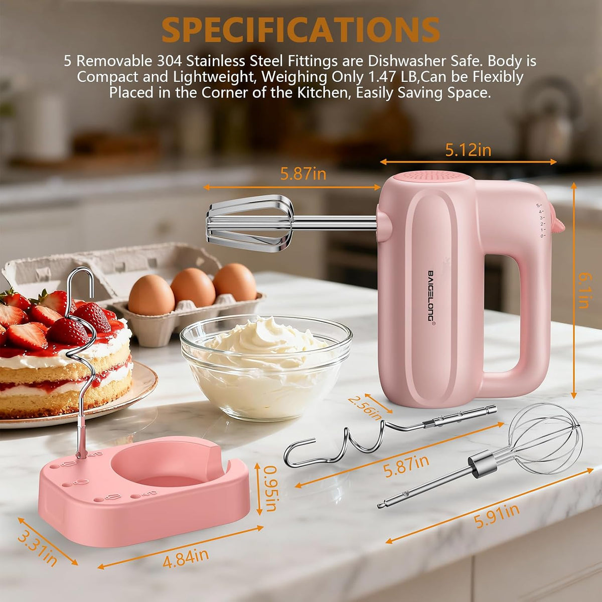 Hand Electric Mixer, 5-Speed KitchenMixer with 5 * 304 Stainless Steel Attachments + Storage Base, Food Handheld Mixer for Baking, Whipping Cream, Cake Mixing, Pink