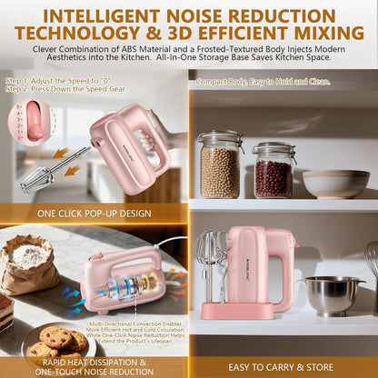 Hand Electric Mixer, 5-Speed KitchenMixer with 5 * 304 Stainless Steel Attachments + Storage Base, Food Handheld Mixer for Baking, Whipping Cream, Cake Mixing, Pink