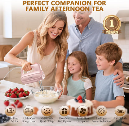 Hand Electric Mixer, 5-Speed KitchenMixer with 5 * 304 Stainless Steel Attachments + Storage Base, Food Handheld Mixer for Baking, Whipping Cream, Cake Mixing, Pink