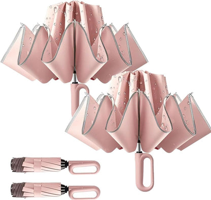 Inverted Umbrella with Carabiner Handle, Wind Proof Umbrellas For Rain and Sun, 46 Inch Portable Reverse Folding Compact Umbrella for Women Men, 10 Ribs