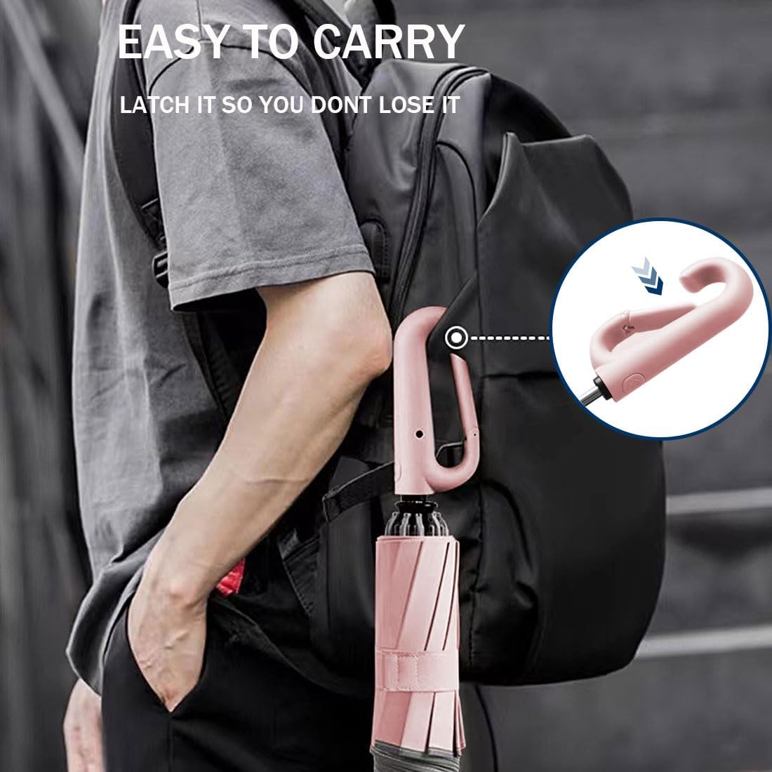 Inverted Umbrella with Carabiner Handle, Wind Proof Umbrellas For Rain and Sun, 46 Inch Portable Reverse Folding Compact Umbrella for Women Men, 10 Ribs