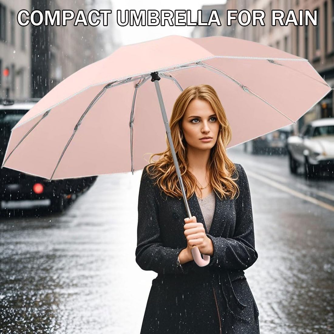 Inverted Umbrella with Carabiner Handle, Wind Proof Umbrellas For Rain and Sun, 46 Inch Portable Reverse Folding Compact Umbrella for Women Men, 10 Ribs