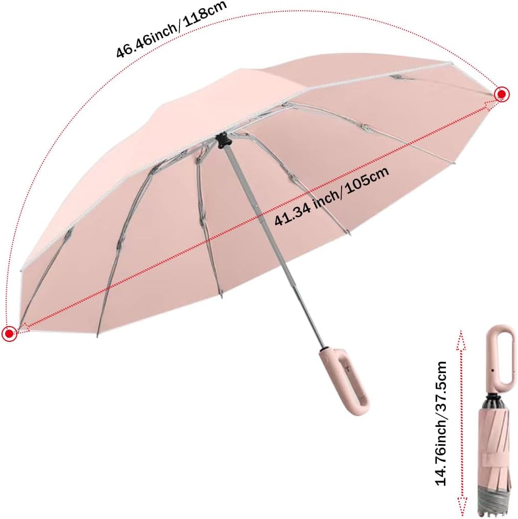 Inverted Umbrella with Carabiner Handle, Wind Proof Umbrellas For Rain and Sun, 46 Inch Portable Reverse Folding Compact Umbrella for Women Men, 10 Ribs