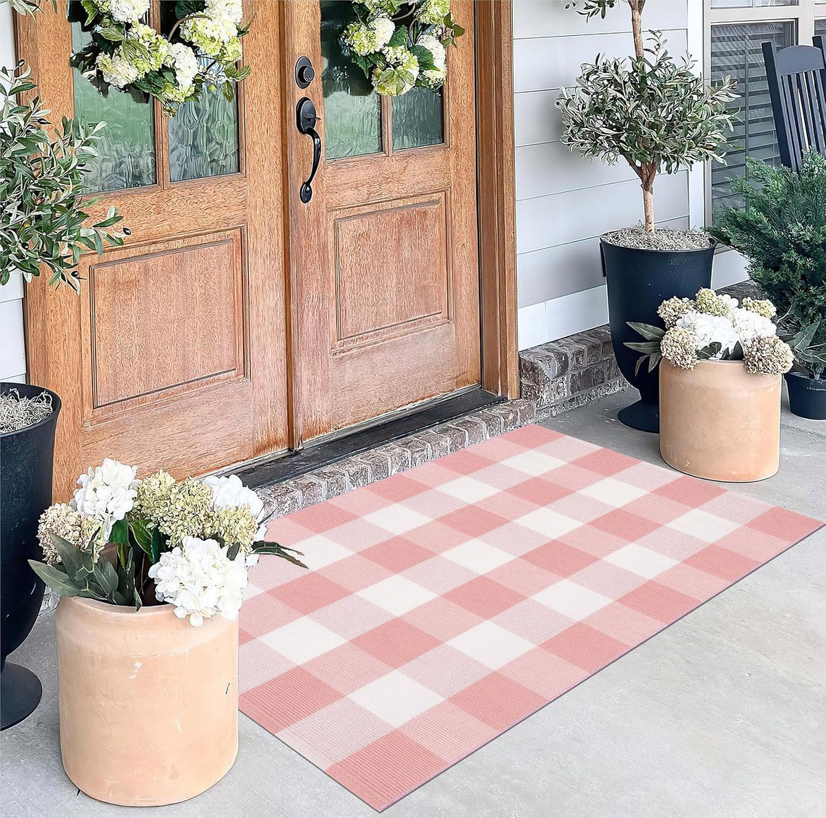 Pink White Layered Doormat 27.5"x43.3"Washable Buffalo Plaid Outdoor Rug