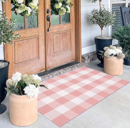 Pink White Layered Doormat 27.5"x43.3"Washable Buffalo Plaid Outdoor Rug