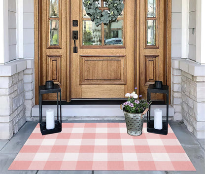 Pink White Layered Doormat 27.5"x43.3"Washable Buffalo Plaid Outdoor Rug